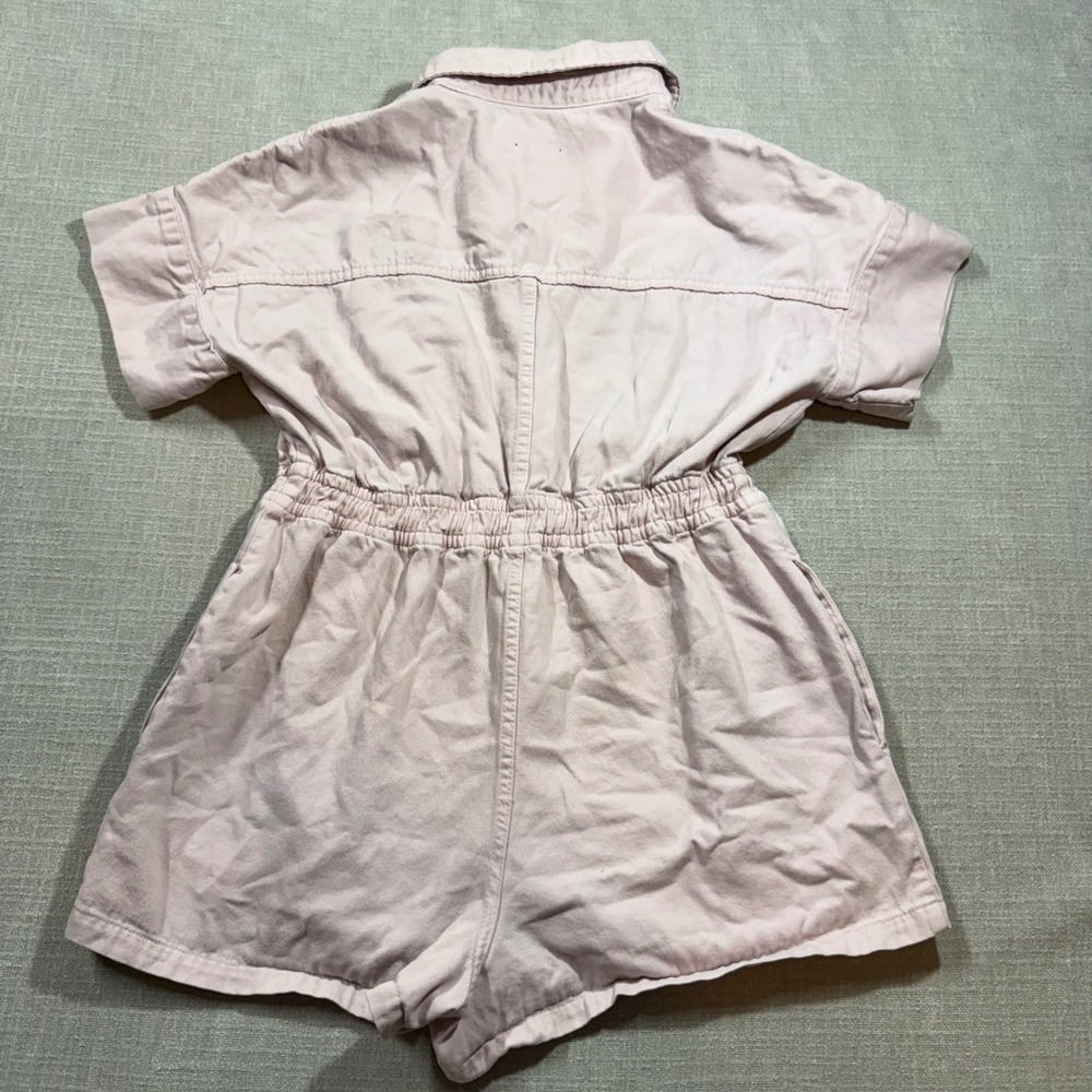 Nasty Gal Pink Denim Romper Utility Boiler Suit Shorts US 12 Large Short Sleeve - Picture 2 of 6